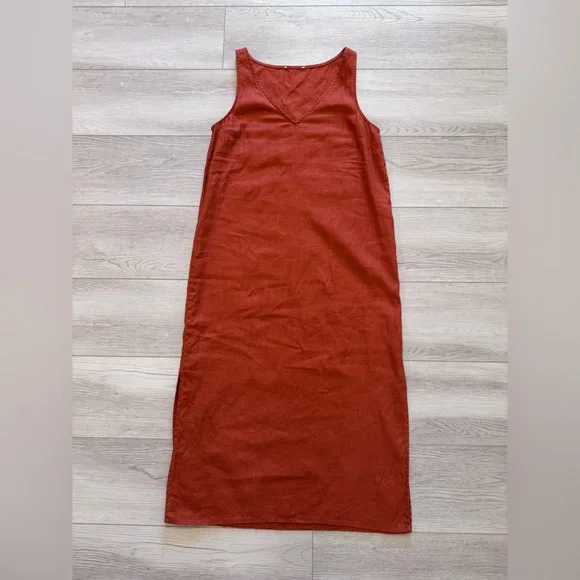 Madewell Linen Blend Midi Tank Dress Sz XS Sleeveless VNeck Rust Light Airy Boho - Picture 6 of 14